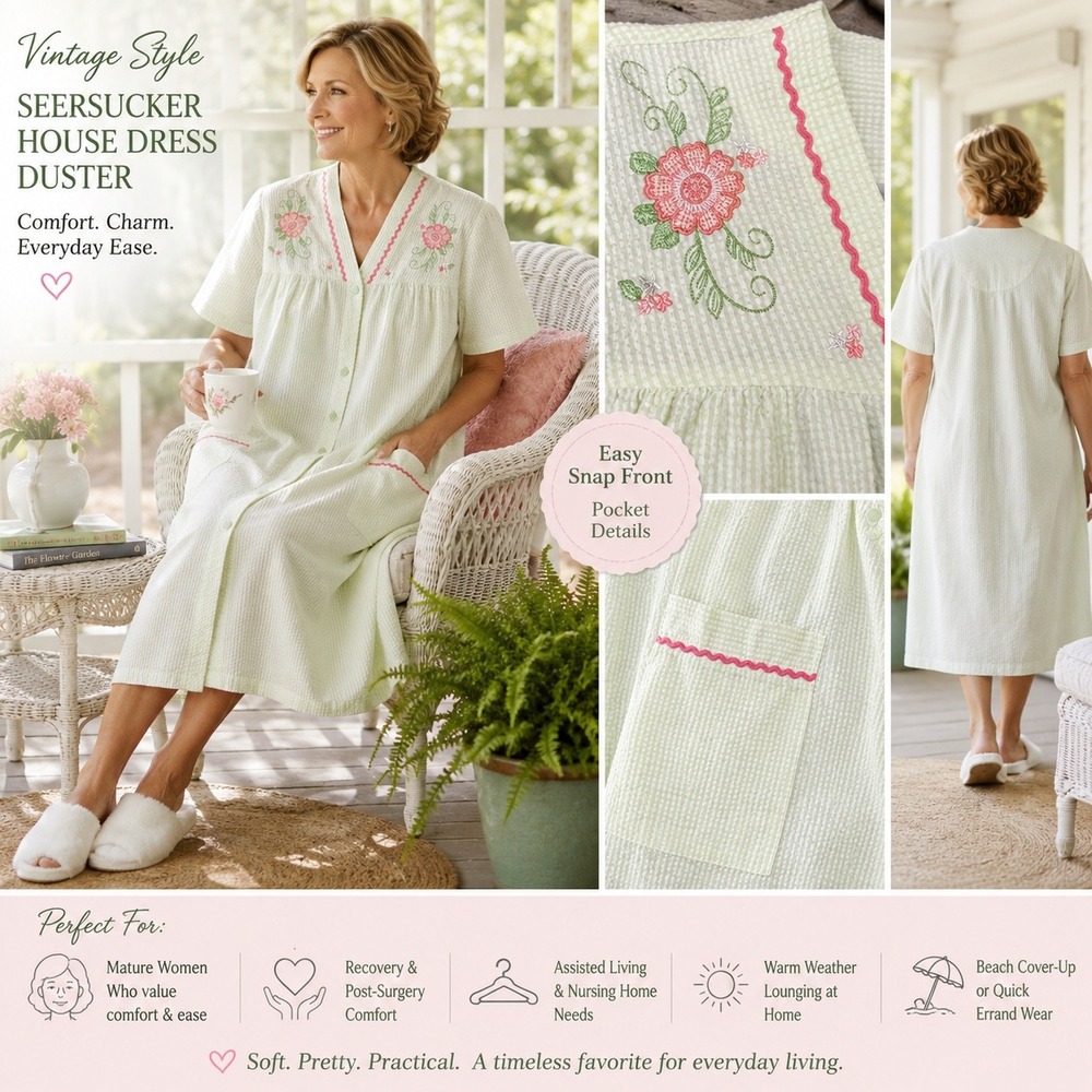 Women's Seersucker Housecoat Snap Front Duster Robe Embroidered Pockets XL